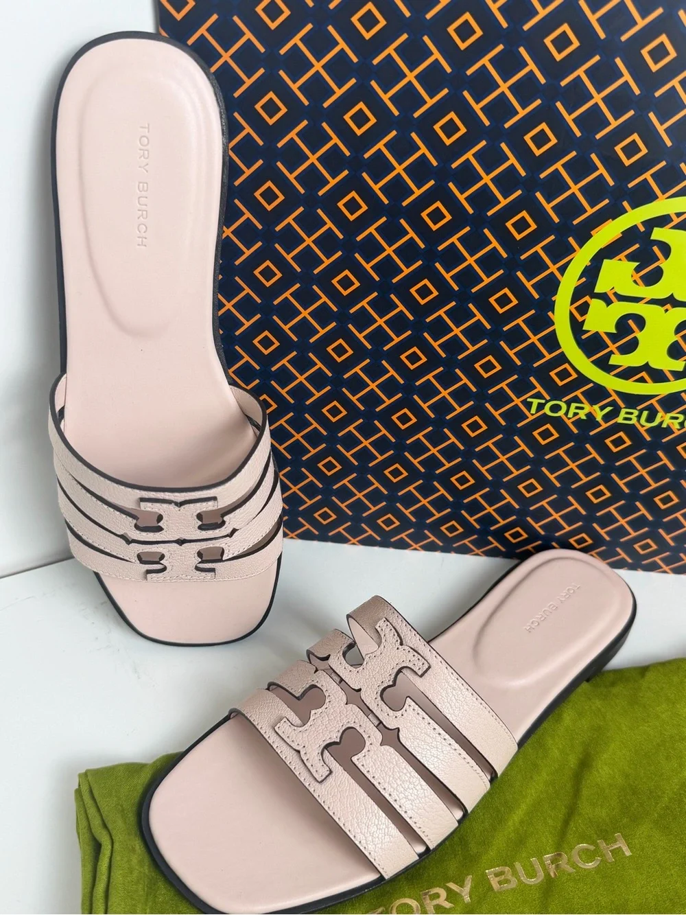 Tory Burch Blush Pink Leather Logo Slide Sandals